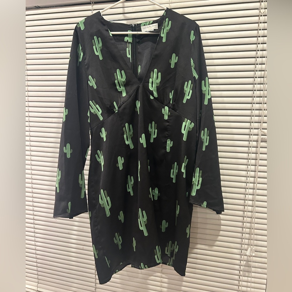 Never Fully Dressed Black Dress with Green Cactus Pattern